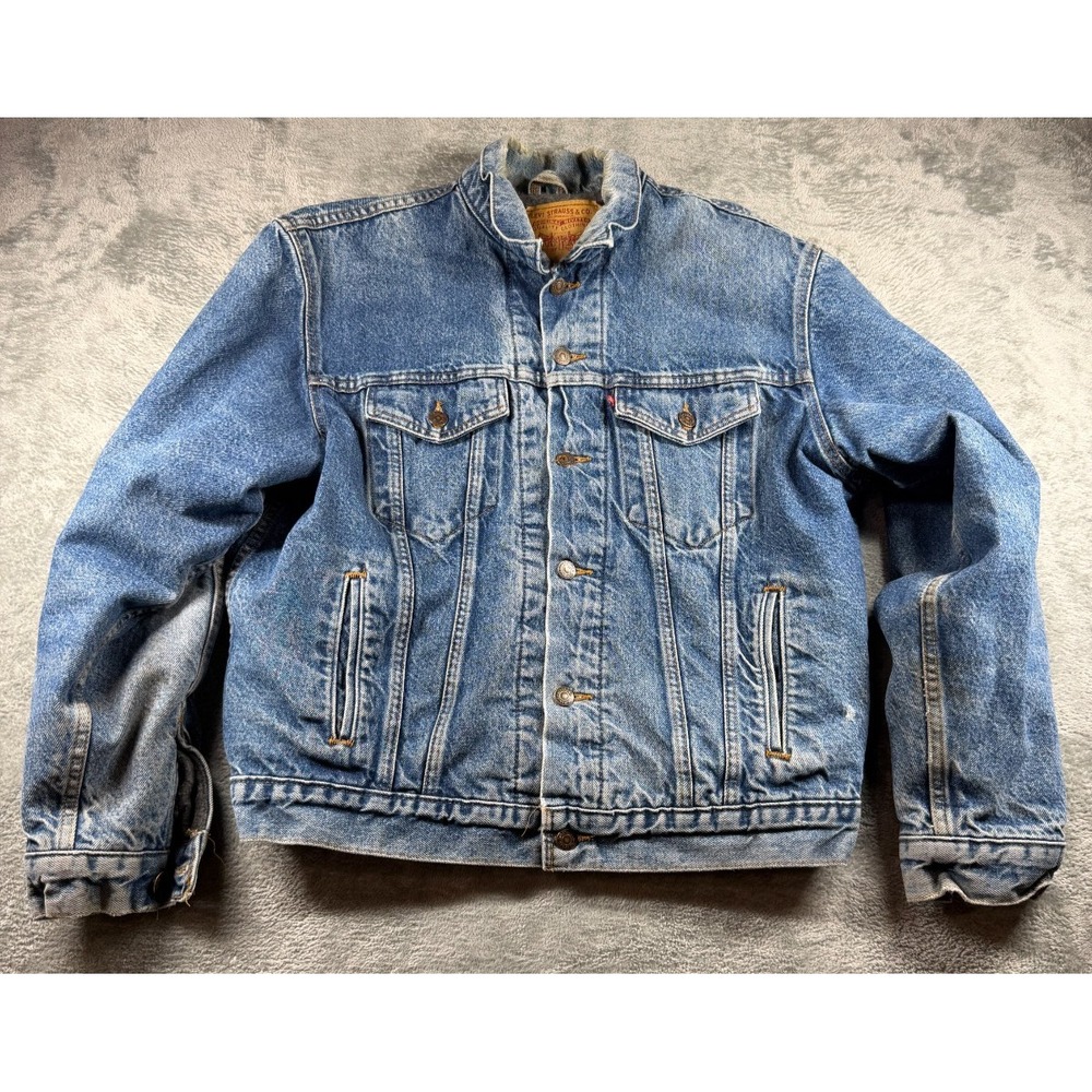 Vtg 90s Levis 71506-0316 Red Batwing Blanket Lined Denim Jacket USA 44